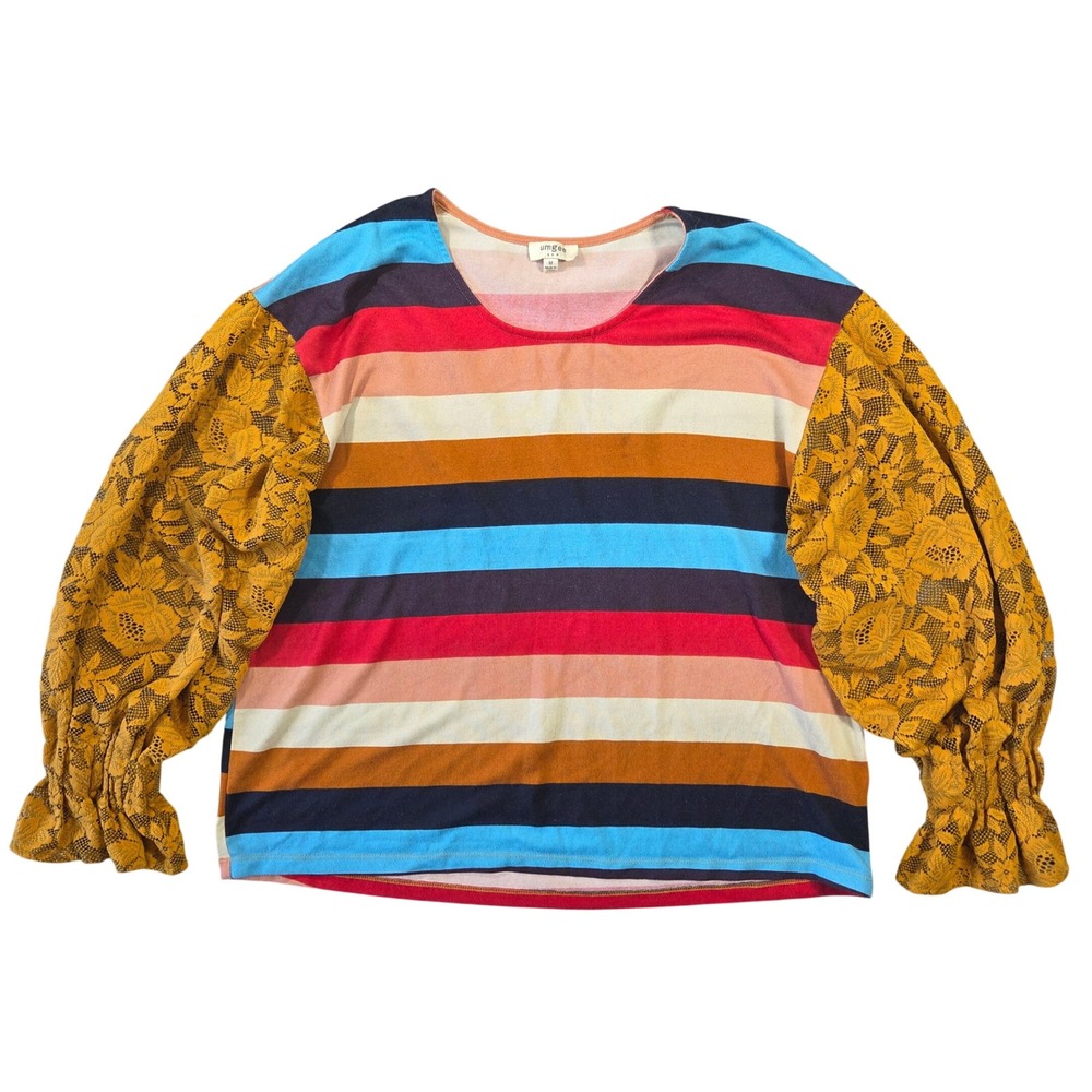 Umgee USA Womens Striped Top Mustard Yellow Floral Lace Balloon Sleeve M Boho